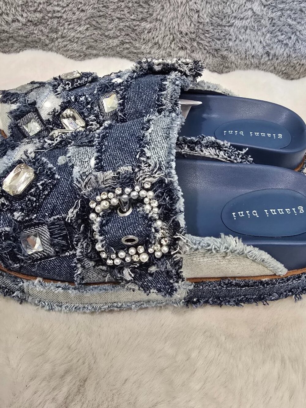 Gianni Bini Omari Denim Patchwork Jewel/ Pearl Platform Clogs / Mule Women's 7.5